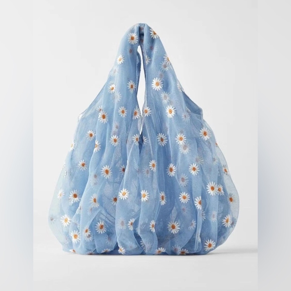 ZARA WOMEN'S EMBROIDERED TULLE BUCKET BAG Blue Daisy New!